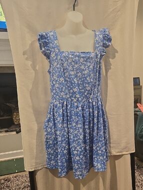 Blue Floral Square-Neck Sundress Loemes With Pockets